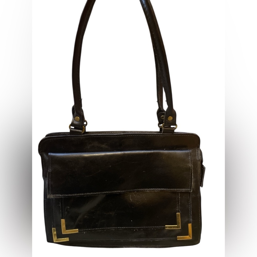 Vintage Black Leather Top Handle Shoulder Satchel Handbag Gold Hardware